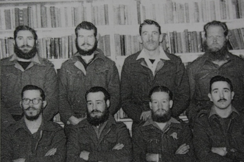 MARION 11 (April-November 1954): Back (L-R) J.J. "Hannes" la Grange (Meteorologist), C. J. Grobler (Meteorologist), W.L. Grieve (Radio Technician), W. Thiele (Diesel Mechanic); Front: H.F. Vister (Cook), G.J. Visser (Leader/Meteorologist), William J. Deysel (Medic), H.A. Tate (Radio Operator).