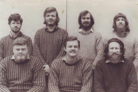 MARION 23 (1966-1967): Back (L-R) L. leR. Combrinck (Technical Meteorologist), J.J. Visser (Technical Meteorologist), G.C. Quinn (Meteorologist), G.T. van Rooyen (Radio Technician); Front: J.L. Berry (Medic), A.J. Kriel (B.I.b), C.D. Groenewald (Radio Operator).