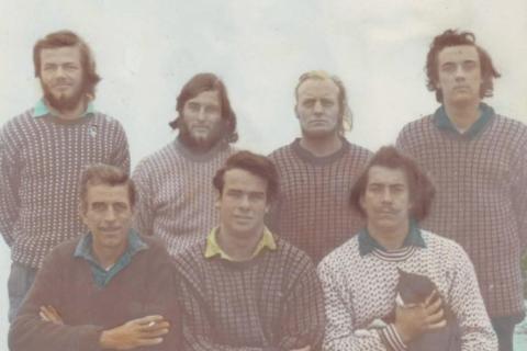 MARION 24 (1967-1968): Back (L-R) K. Visser (Meteorologist), L. Slater (Meteorologist), R. Pretorius (Radio Technician), C. Dunn (Meteorologist); Front: D. Oldewage (Radio Operator), M. Fourie (Leader), F. Malan (Medic).