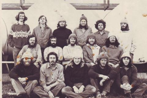 MARION 31 (1974-1975): Back (L-R) P. Ingle (Diesel Mechanic), T.Harris (Biologist), O. Buys (Medic), A. Churchill (Meteorologist), A. Berruti (Biologist), D. Waldie (Meteorologist); Middle: N. Gremmen (Biologist), T.Williams (Biologist), J. van Wyk (Leader/Radio Operator), G. Otto (Radio Technician), G. Wolvaart (Senior Meteorologist); Front: P. Condy (Biologist), C. Jubelius (Biologist), R. Thorpe (Meteorologist), R. van Aarde (Biologist), G. Tilbury (Ionosphericist).