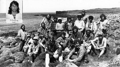 MARION 46 (1989-1990): Back (L-R) C. Hines (Birder), A. Botha (Cat Hunter), D. Keating (Cat Hunter), R. Green (Cat Hunter), P. Sykora (Radio Technician), R Roos (Cat Hunter), H. Swart (Senior Meteorologist), S. Naude (Diesel Mechanic/Deputy Leader), G. Meyer (Meteorologist) A. Cawthorn-Blazeby (Birder); Middle: A. la Cock (Sealer), C. Stander (Cat Hunter), R. Cook (Cat Hunter), D. Benade (Cat Hunter), G. Griesel (Cat Hunter), G. Muir (Medic/Team Leader), S. Ferreira (Birder), P. Bartlett (Cat Hunter & Leader); Front: V. Verwey (Communicator), M. Zank (Meteorologist), J. Viljoen (Cat Hunter).