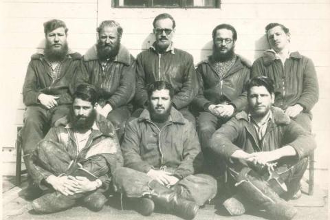 MARION 5 (Relief 4) April 1950-September 1950: Back (L-R) Kenneth Kockjoy (Radio Operator), D.A. Braunschweig (Radio Technician/Diesel Mechanic), Daan Triegaardt (Leader/Meteorologist), Rudolph Skawran (Meteorologist); Position unknown: C.J.J. Holliday (Medic), H.L. Ind (Carpenter), H.L. Malherbe (Meteorologist), B.F. Schaaf (Carpenter).