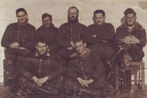 MARION 3 (April - September 1949): (L-R) Back: C.H. Godfrey (Radio Operator), J.A. Rook (Radio Technician), D.O. Triegaardt (Officer-in-Charge/Senior Meteorologist), P.S. Venter (Medic), W.J. Smith (Carpenter); Front: D.M. Warnick (Carpenter), A.G. Shepperson (Meteorologist).
