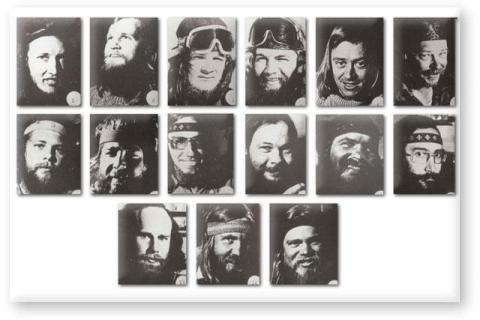 SANAE 19 (1978): Top (L-R) Errol de Kock, Chris Swart, Wiets Roos, Johan Steyn, Stan Roberts, Julius Marschal; Middle: Logan Surgeson, Paul Griffin, Riaan Lourens, John Shearman, Hannes Kruger, Alfie Dalton; Bottom: Lee Hall, Willem Kotze, Koos Byleveld.