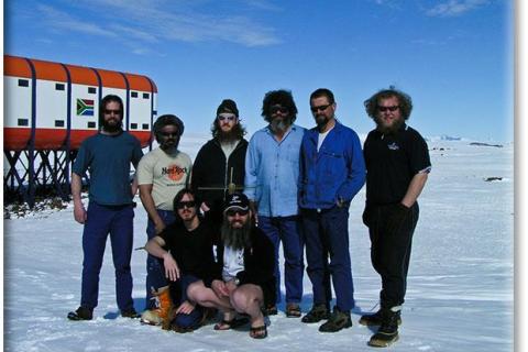 SANAE 43 (2004): Back (L-R) Struan Cockcroft, Deon Gouvias, Rupert Niemand, Leon Engelbrecht, Mark Loubser, Beneke de Wet; Front: Pieter Wolmarans, Shorty Terblanche.